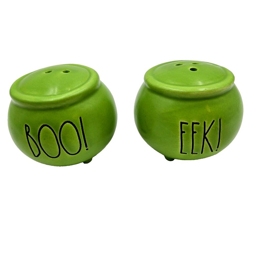 Rae Dunn Halloween Salt And Pepper Shaker Set Caldron Green Eek! Boo! Read